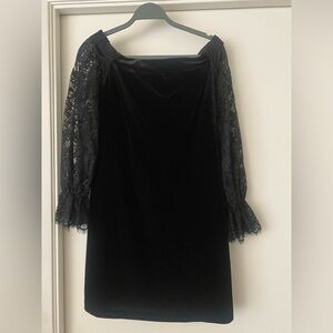 White House Black Market off shoulder black velvet lace sleeve dress. Size 4